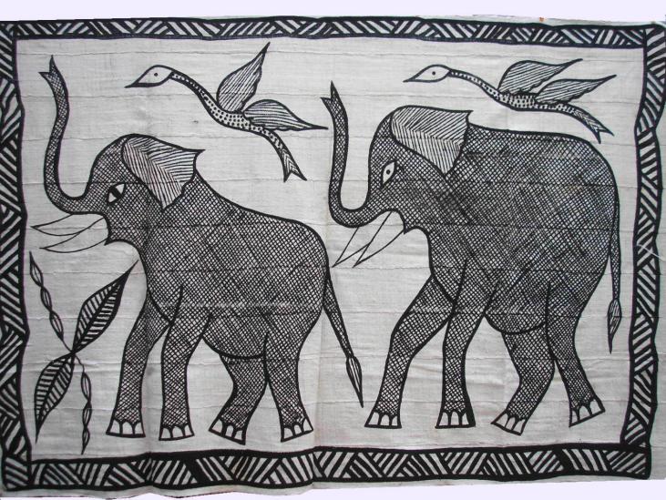 Toile de Korhogo grande Deux éléphants  09KOG1
