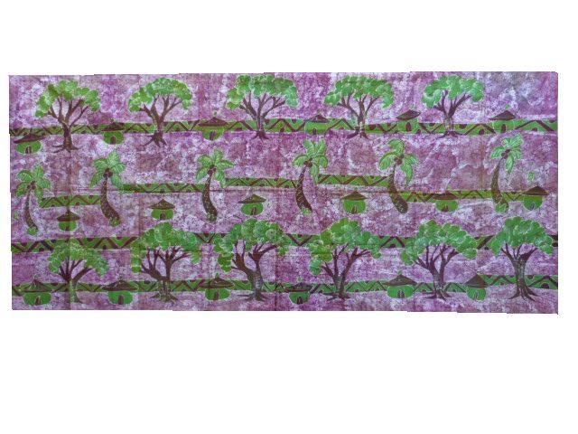 Tissu batik vert et marron "Cases et arbres" 13BAT10